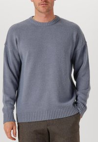 Hellblauer, gestrickter Pullover mit einem gerippten Rundhalsausschnitt und Bündchen. Mit überschnittenen Schultern und einer strukturierten Oberfläche. Lässige Passform mit geripptem Saum.