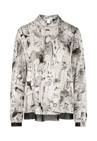 Langärmlige Bluse aus leichtem Stoff mit einem monochromen Stadtbilddruck, hohem Kragen und kontrastierendem Saum.
