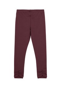 Burgunderfargede leggings laget av myk stoff, med en glatt elastisk midjebånd og rynkede detaljer ved kanten for ekstra pynt.