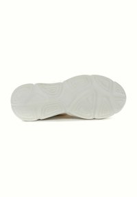 Sneaker-Sohle, weißes Gummi mit strukturierten Mustern und Rillen, mit abgerundeten Kanten und ausgeprägten Profilen für Traktion.