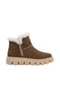 Stivaletto in suede marrone con colletto in pelliccia sintetica, zip laterale e suola in gomma beige spessa con scanalature profonde per la trazione.