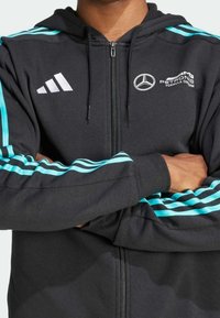 Person som bär en svart zip-up hoodie med turkosa ränder på ärmarna och Mercedes AMG Petronas- och Adidas-logotyper på bröstet.