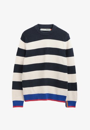 Gestreifter Strickpullover mit abwechselnden Marine- und Cremefarbigen Strukturstreifen, blau-rot geripptem Saum und Bündchen sowie Regenbogendetail am rechten Bündchen.