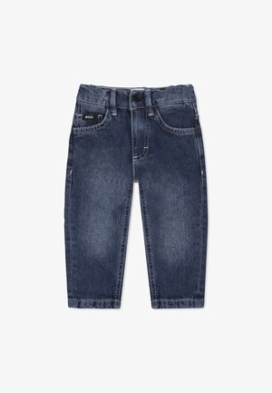 Donkerblauwe spijkerbroek met een knoopsluiting, voorzakken en een vervaagd effect. Bevat een logo-tag op de voorkant van de tailleband.