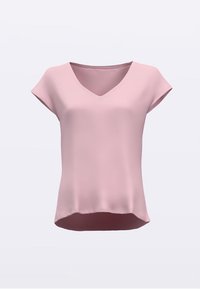 Roza bluza z V-izrezom in kratkimi rokavi. Gladek, lahko tkan material z udobno prileganjem. Rob nekoliko daljši zadaj. Brez opaznih vzorcev ali okrasnih detajlov.