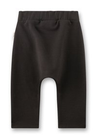 Schwarze Leggings für Kleinkinder mit elastischem Bund und lockerer Passform, flach auf einem weißen Hintergrund präsentiert.