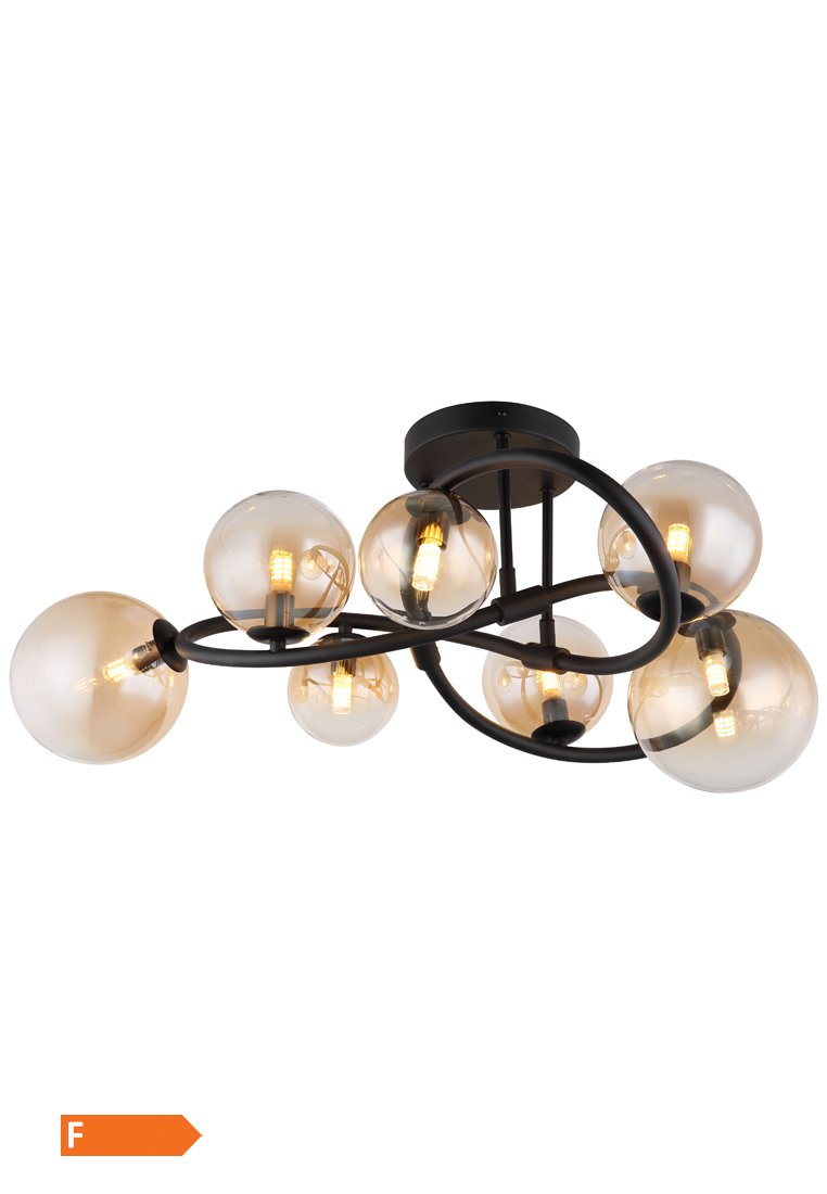 Schwarzmetallene Deckenleuchte mit sieben bernsteinfarbenen Glasglobes und geschwungenen Armen, die ein schlankes, modernes Design und sichtbare Glühbirnen aufweist.