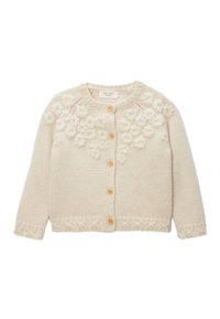 Cardigan en maille crème avec broderie florale à l'avant, col rond et boutons en bois. Motif texturé à l'ourlet et aux poignets.