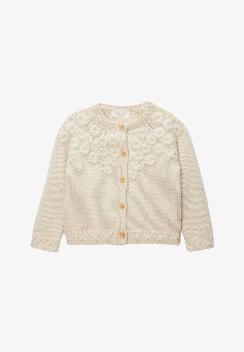 Cardigan en maille crème avec broderie florale à l'avant, col rond et boutons en bois. Motif texturé à l'ourlet et aux poignets.