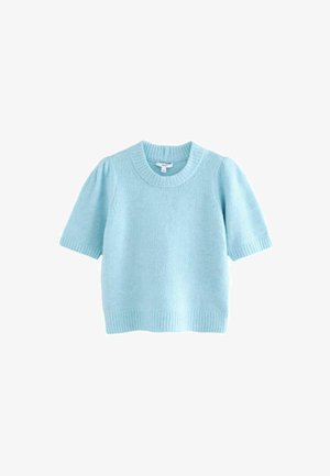 Helles blaues Strickpullover mit kurzen Ärmeln, runder Ausschnitt, geripptem Saum und gepufften Ärmeln. Weicher, strukturierter Stoff mit einem gemütlichen Aussehen.