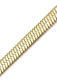 Gullmetallarmbånd med sammenkoblede, avlange lenker med en glatt, reflekterende overflate og fleksibel design.