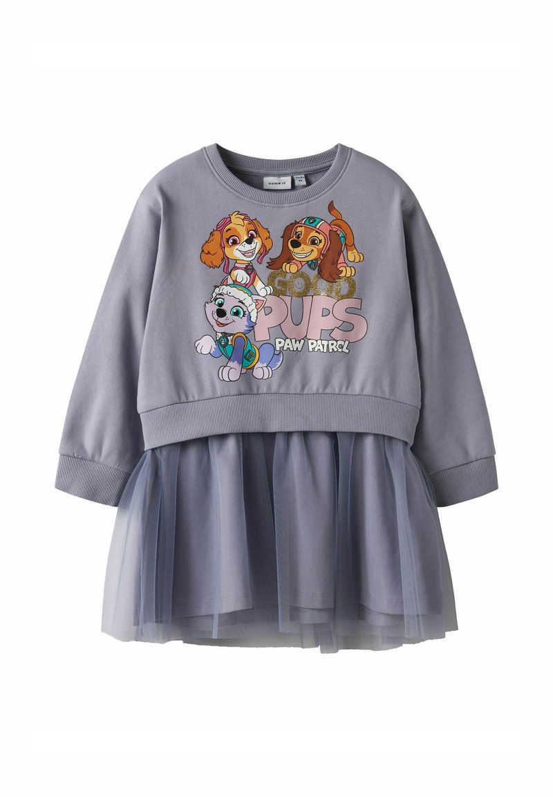Grå genserkjole med tylldel. Overdelen har tegneseriehunder og teksten «Good Pups Paw Patrol» i rosa og hvitt.