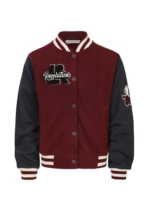 Maroon varsity jacket with black sleeves, white stripe ribbed collar and cuffs, embroidered "Revolution" logo, and side pockets.