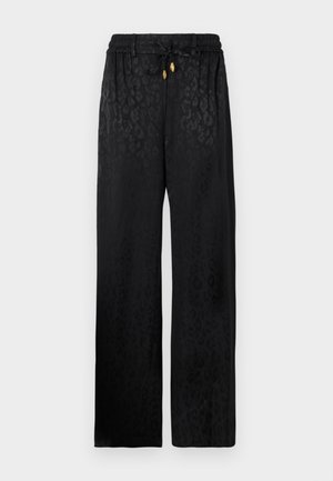 Pantaloni negri cu picioare largi dintr-un material fin, având un model leopard subtil, cu talie elastică și închidere prin cordon ajustabil.