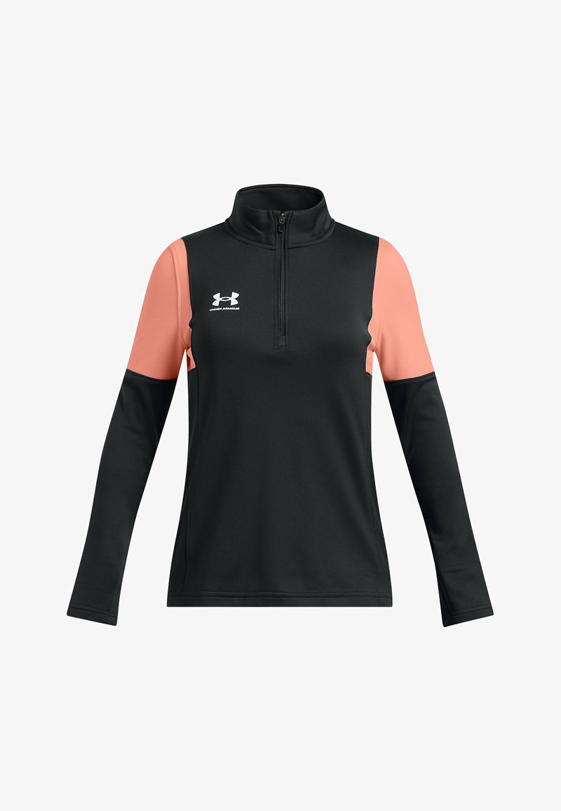Black long-sleeve pullover with half zip and coral accents on shoulders, featuring Under Armour logo on the chest. Soft, smooth fabric.
