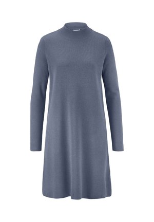Langärmliges Tunika-Kleid aus weichem, hellblauem Stoff mit hohem Halsausschnitt und lockerer Passform, das knapp über dem Knie endet.