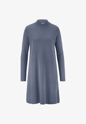 Langärmliges Tunika-Kleid aus weichem, hellblauem Stoff mit hohem Halsausschnitt und lockerer Passform, das knapp über dem Knie endet.