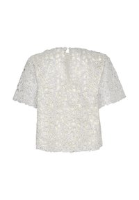 Spitzenoberteil in Off-White mit einem strukturierten floralen Muster, kurzen Ärmeln und einem kleinen Schlüssellochverschluss auf der Rückseite. Leicht und halbtransparent.
