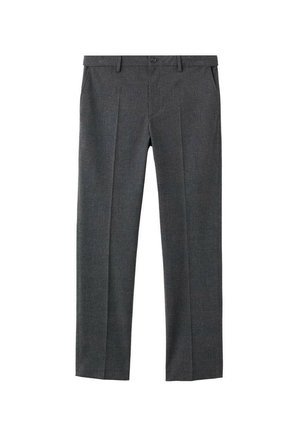 Pantalones de lana grises con un acabado texturizado, presentan una cinturilla suave, pliegues frontales y un diseño clásico de pierna recta.