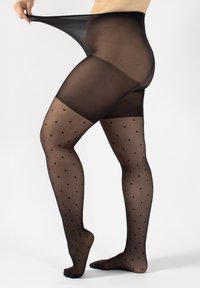 Czarne, przezroczyste rajstopy w kropki, z elastycznym pasem i gładką fakturą, podciągnięte do poziomu połowy uda.