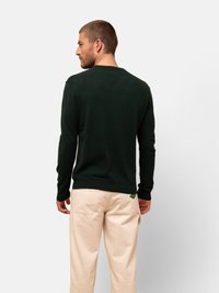 Maglione a maglia verde scuro con scollo rotondo, polsini e orlo a coste. Indossato con pantaloni beige chiaro, che mostrano uno stile semplice e casual.