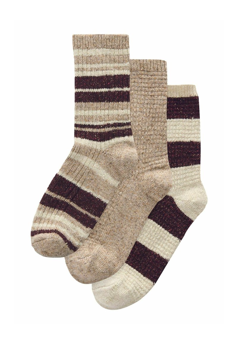 Tre par sokker i forskellige nuancer af beige og brune. Funktioner omfatter striber, struktureret strik og en ribbet kantdesign.