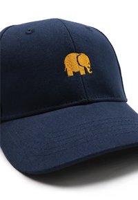 Marinblå keps i tyg med gul elefantbroderi framtill. Strukturerad design med en böjd skärm.