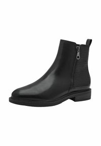 Black leather ankle boot with a smooth finish and a textured side, featuring a side zipper and a low block heel.