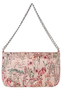 Torebka na ramię w jasnoróżowym materiale z kwiatowym wzorem i teksturowanym wykończeniem. Posiada srebrny łańcuszek oraz kwiaty w różnych kolorach.