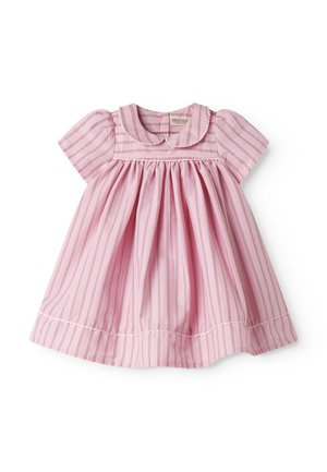 Ροζ βρεφικό φόρεμα με λεπτές κάθετες ρίγες, φουσκωτά κοντά μανίκια, σούρες στη μέση και στρογγυλεμένο κολάρο Πίτερ Παν.