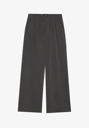 Weite Hosen aus dunkelgrauem Stoff mit einem gefalteten Vorderteil, zwei Seitentaschen und einem flachen Bund. Angenehme Textur und maßgeschneidertes Design.