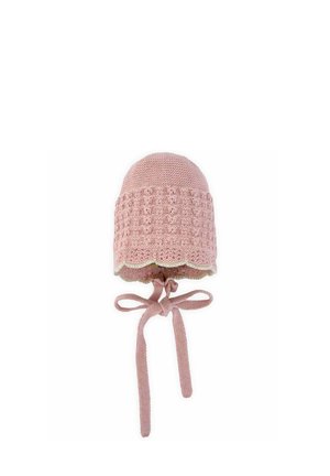 Bonnet en tricot rose pour bébé avec un corps texturé, un bord festonné et des cordons à nouer. Fabriqué en tissu doux pour le confort et la chaleur.