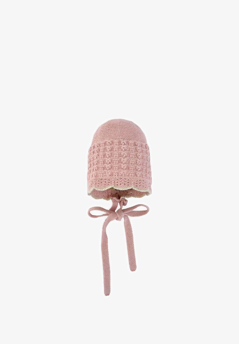 Knitted pink baby bonnet with textured body, scalloped edge, and tie straps. Made of soft fabric for comfort and warmth.