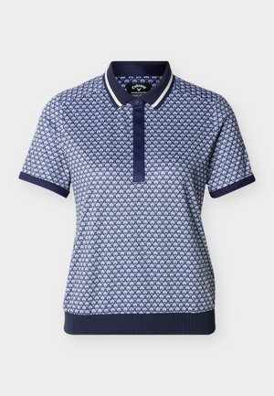 Tmavě modrá polo košile s krátkými rukávy, bílý květinový vzor, pruhovaný límec, zapínání na knoflíky a žebrovaný lem a manžety rukávů.