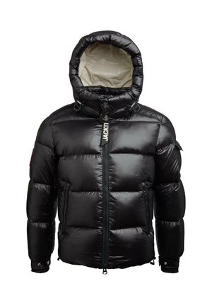 Zwarte pufferjack met een gequilt ontwerp, hoge kraag, ritssluiting aan de voorkant, twee zijzakken en een verstelbare capuchon met een glanzende afwerking.