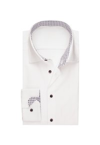 Witte overhemden met een patroon van blauw en wit op de kraag en manchetten. Voorzien van zwarte knopen en een gladde stof.