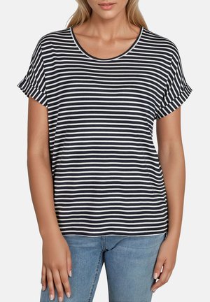 Navy- und weiß gestreiftes T-Shirt mit rundem Halsausschnitt und kurzen, umgeschlagenen Ärmeln. Hergestellt aus einem weichen Stoff, mit lockerer Passform.