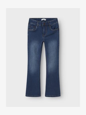 Jeans evazați din denim bleu închis cu zone deschise la culoare, cinci buzunare și cusături contrastante portocalii. Închidere cu nasture și fermoar.