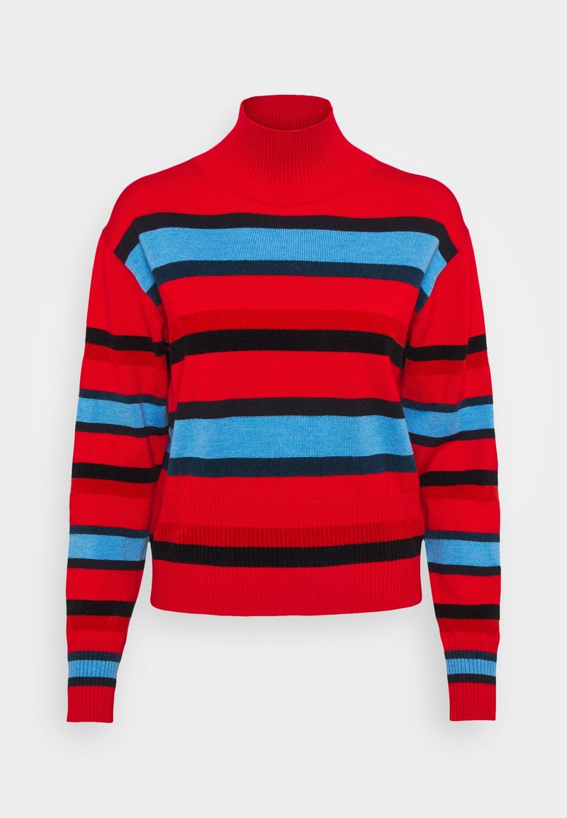 Pull à col roulé rouge avec des rayures horizontales en bleu, noir et bordeaux. Comprend des poignets et un ourlet côtelés. Tissu en maille douce, coupe décontractée.