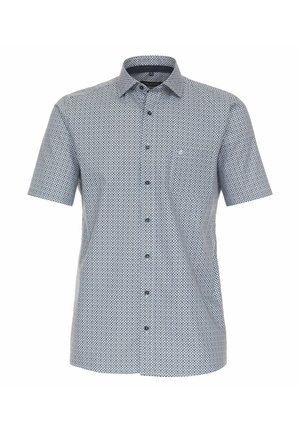 Short-sleeve shirt in blue with a geometric pattern, button-down collar, and a front pocket. Lightweight fabric with a smooth texture.
