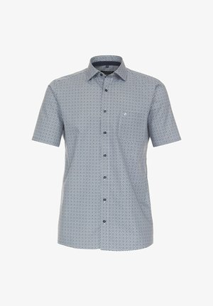 Kurzarmhemd in Blau mit geometrischem Muster, mit Knopfkragen und einer Brusttasche. Leichter Stoff mit glatter Textur.