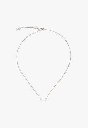 Silberfarbener Halsreif mit feiner Kette, ausgestattet mit einem unendlichen Symbol-Anhänger in polierter Oberfläche. Verstellbarer Verschluss auf der Rückseite.