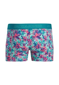 Meeste bokserid türkiissinise vöökohaga, millel "JACK & JONES" logo. Kangas on erk troopilise lillemustriga roosa ja sinise toonides.