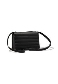 Borsa a tracolla nera in pelle trapuntata con una lunga tracolla regolabile, forma rettangolare, texture liscia e dettagli di cucitura sottili.