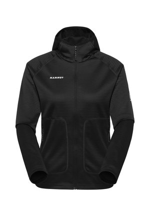 Veste noire à capuche Mammut zippée, en tissu texturé, manches longues, poches avant et logo sur la poitrine et la manche gauche.