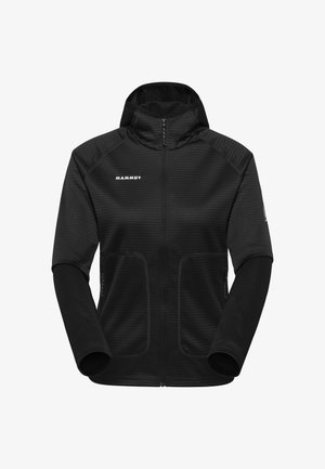 Veste noire à capuche Mammut zippée, en tissu texturé, manches longues, poches avant et logo sur la poitrine et la manche gauche.
