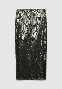 Schwarzer Pailletten-Bleistiftrock mit vertikalen Linien aus glänzenden goldenen Pailletten, die eine strukturierte, reflektierende Oberfläche schaffen. Glattes, figurnahes Design.