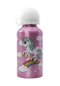 Botella de agua de aluminio con un acabado brillante en color rosa, que presenta un gráfico de unicornio, arcoíris, nubes y una tapa blanca de rosca.