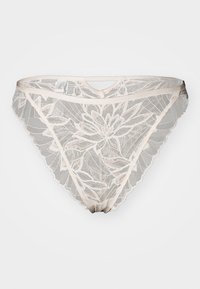 Kraujinės kelnaitės su gėlių raštais smėlio ir šviesiai rožinės spalvos, su banguotais kraštais ir tinklinio dizaino. Įtrauktas elastingas dirželis.