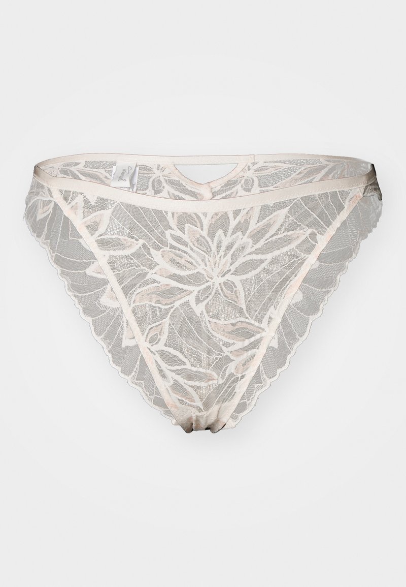 String en dentelle avec des motifs floraux en beige et rose clair, aux bords festonnés et design en maille. Ceinture élastique incluse.